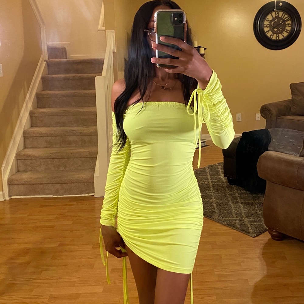 Neon green ruched off the shoulder bodycon dress